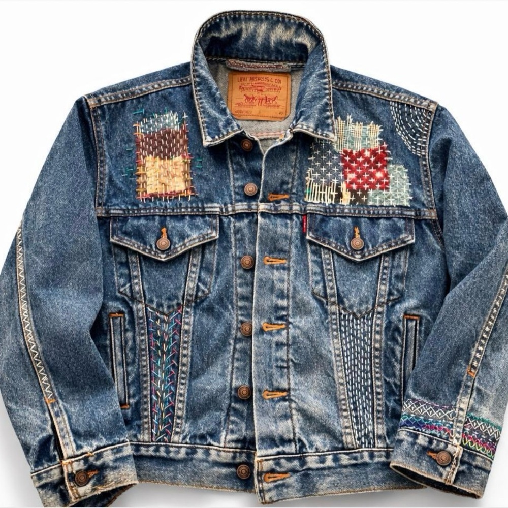 Vintage Levi’s 70506 Trucker Jacket – Sashiko Boro-Inspired Hand-Stitched-unisex